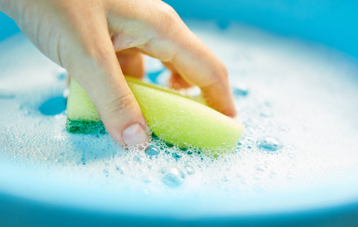 Person Dipping Sponge in Soapy Water